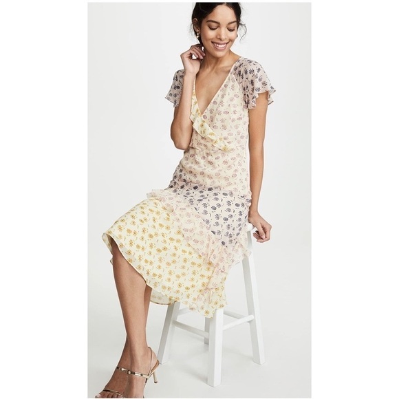 Joie Orita Silk Colorful Floral Print Flutter Sleeve V Neck Midi Dress Size 6 - Picture 3 of 15